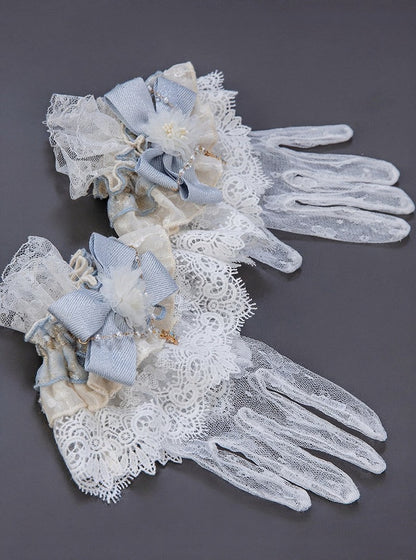 【9月10日予約締切】Pink/Blue Rococo Fantasy Puff Sleeve Ribbon Tiered Princess Lolita Dress Bridal＋Full set[Op Dress + Feather Hat + Choker + Back Ribbon Train + Lace Gloves]