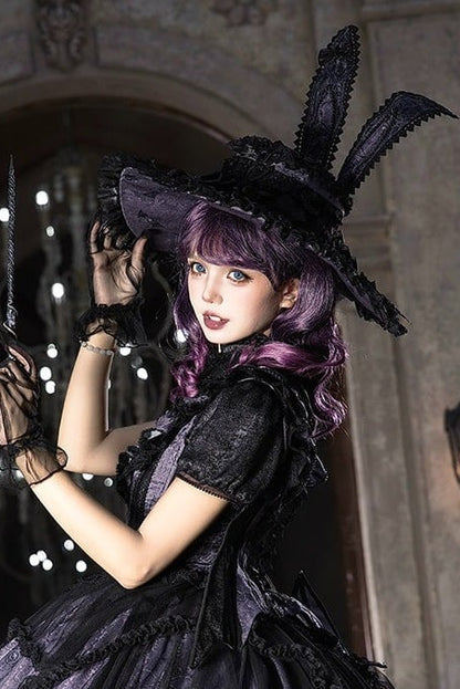 【10月30日予約締切】Purple And Black Gothic Lolita Dress Complete Set [Bunny Ear Hat Version/Witch Hat Version] (Witch Print Bustier Dress + Black Short-Sleeved Blouse + Bat Wing Back Train + Detachable Princess Sleeves)