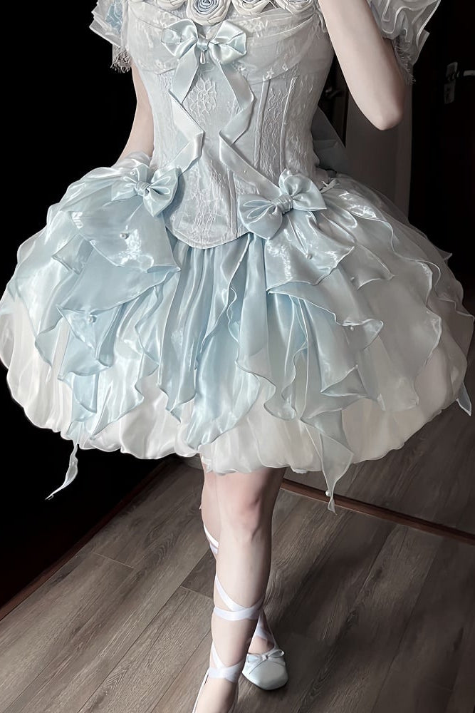 【9月6日予約締切】Romantic Rose Ballet Lolita Bow Lace Corset Bustier＋Layered Ruffle Bow Bubble Skirt + Bow Train（Set1/2）