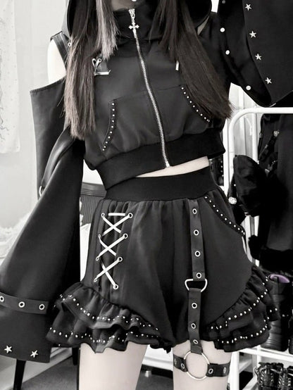 [Vorbestellungsartikel] Glänzende und mattschwarze Gothic-Cyber-Katzenohren-Kapuzenjacke mit freien Schultern und Reißverschluss+kurze Hose mit Beinringen im Set