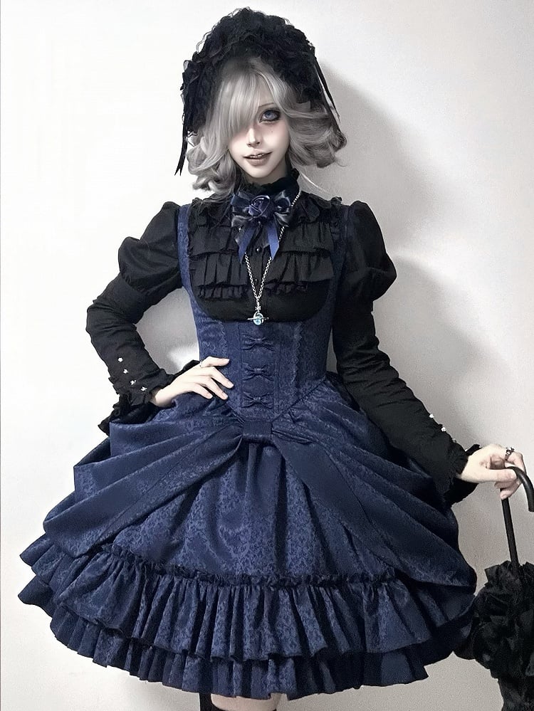 【4月18日予約締切】ダークゴシックロリータスタンドカラーパフスリーブラッフルシャツ（ロングスリーブ付き）