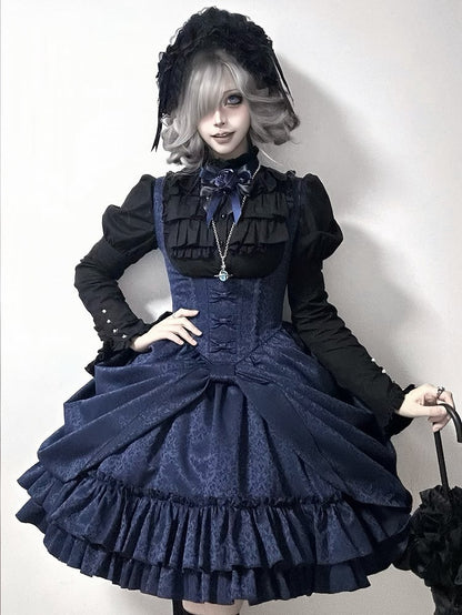 【4月18日予約締切】ダークゴシックロリータスタンドカラーパフスリーブラッフルシャツ（ロングスリーブ付き）