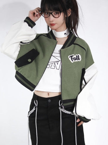 Baseball uniform jacket + high neck top + short skirt + long skirt