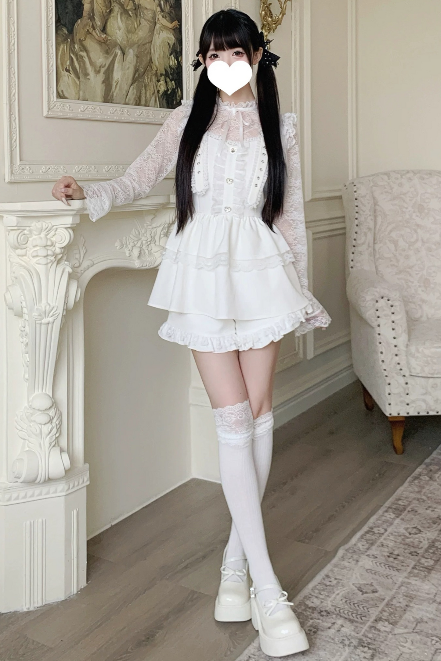 Pure suspender skirt+lace tops+frill pants