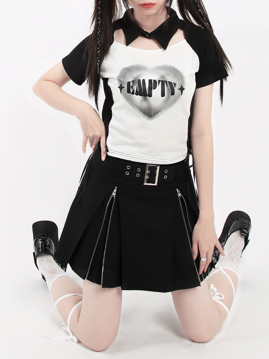 Black White Heart Print Split Polo Collar Top T-Shirt