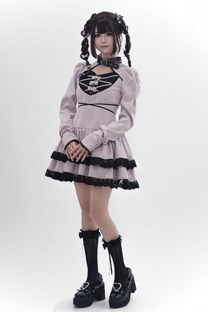 [Reservierungsschluss 28. September] Pink x Schwarz/Grau x Schwarz Gothic-Kleid mit herzförmigem Ausschnitt, Gürtelkragen, Spitzenbesatz und Schleifendetail