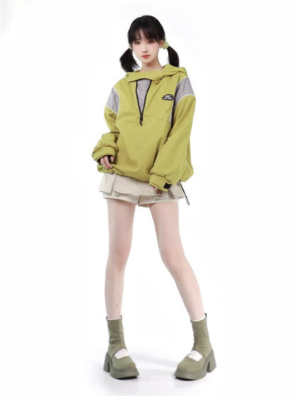 Lime Green American Workwear Jacket + Rabbit Top + Culottes + Short Vest + Middleskirt