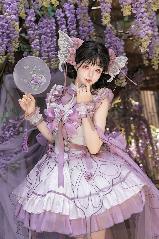【8月18日予約締切】蝴蝶フェアリーチャイナロリータエンブロイダリーリボンレイヤードドレスコンプリートセット