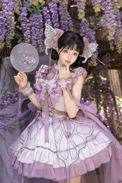 【8月18日予約締切】蝴蝶フェアリーチャイナロリータエンブロイダリーリボンレイヤードドレスコンプリートセット