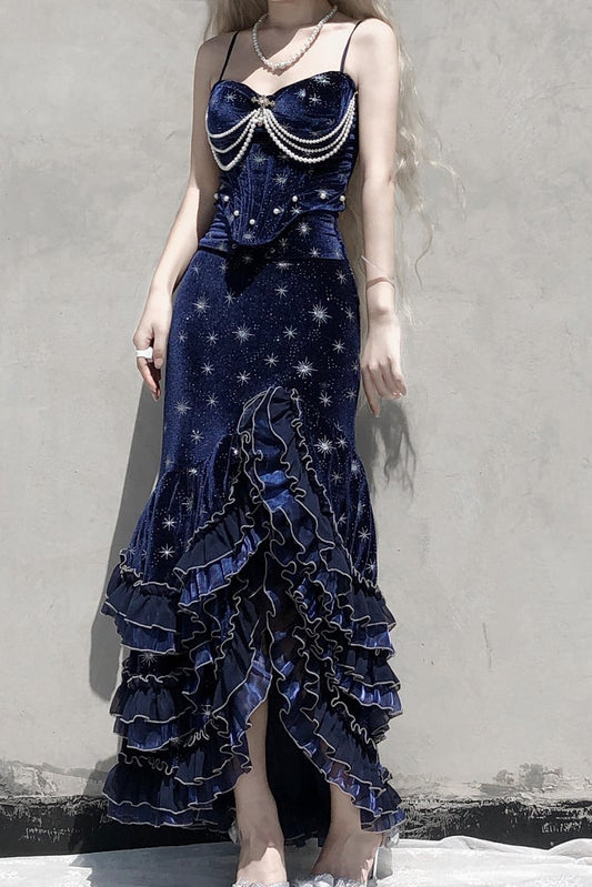 [Reservierungsschluss 1. Juni] Dunkelblau/rosa Atlantis Dark-Fantasy-Lolita-Sternenperlen-Bustierkorsett + prächtiger Rüschen-Meerjungfrauenrock