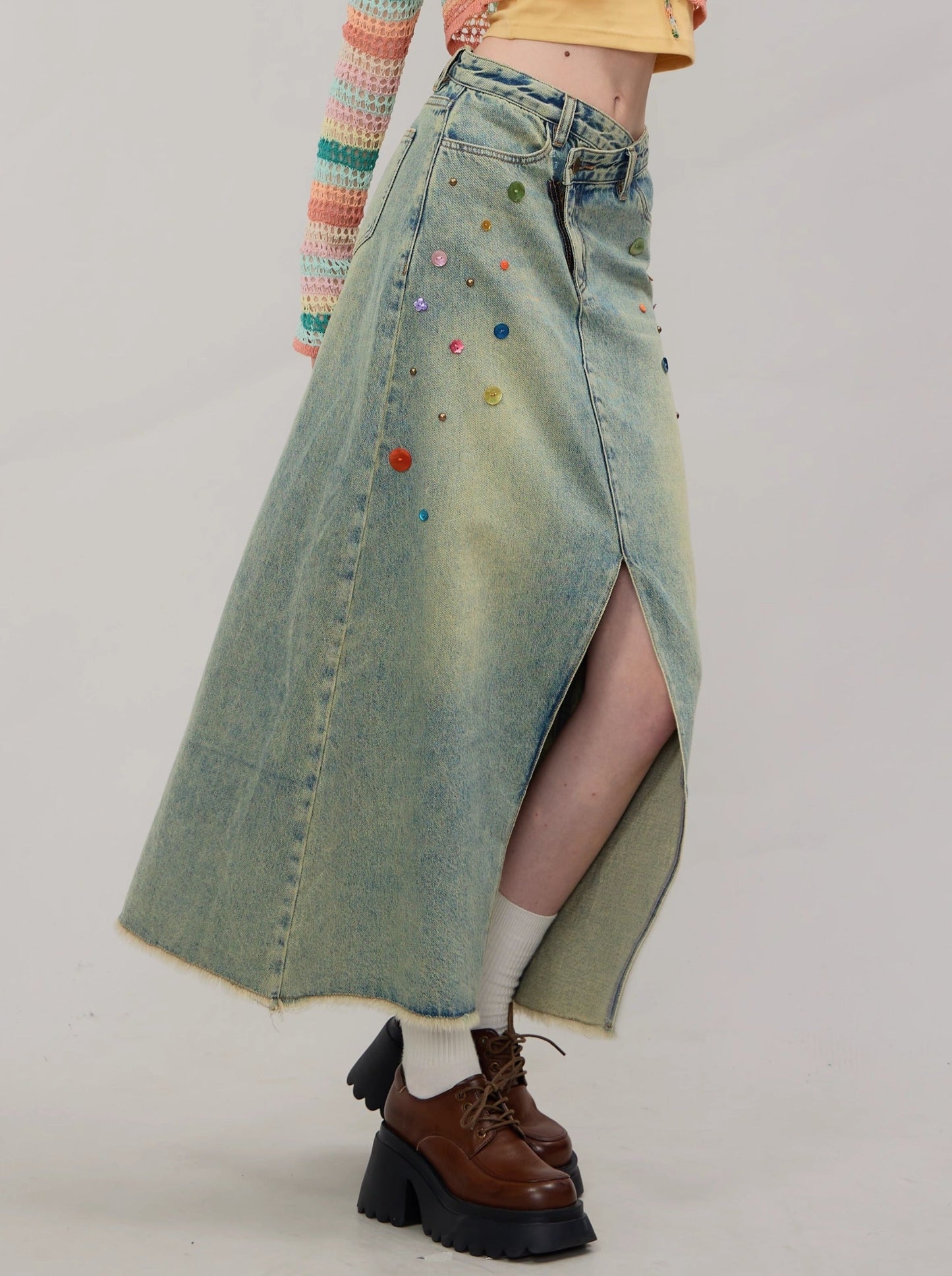 American Retro Colorful Button Slit A-Line High Waist Denim Skirt