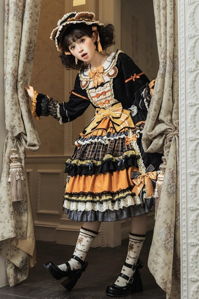 [Reservierungsschluss 8. September] Classic Bear Lolita-Stufenkleid mit weißem Kragen, Karomuster, Spitze und Schleife+Vintage-JSK-Kleid mit Teddybär-Print und Spitze+Vintage-Lolita-Kleid mit Teddybär-Print, Karokragen und klassischem Karomuster