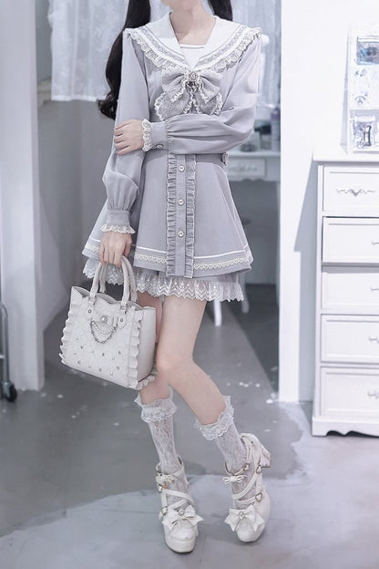 [Pre-order Deadline: September 29] Blue Sailor Collar Frill Lace Trim Dress + Shorts + Cross Charm Jewel Bow Tie Set