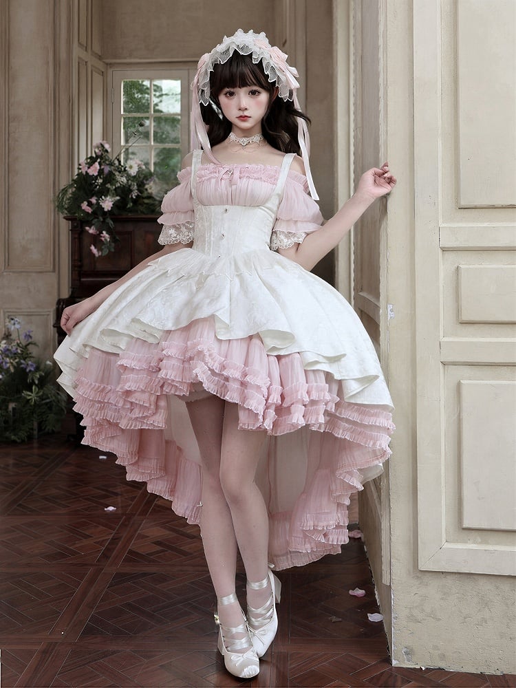 【4月28日予約締切】ピンク×ホワイトエレガントゴシックロリータコルセットレイヤードJSKドレス＋オフショルダーレースパフトップス