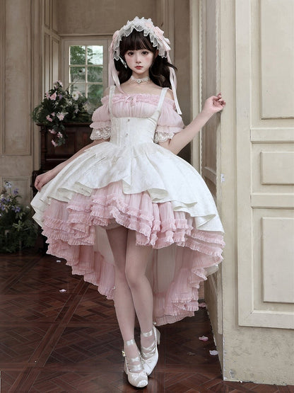 【4月28日予約締切】ピンク×ホワイトエレガントゴシックロリータコルセットレイヤードJSKドレス＋オフショルダーレースパフトップス