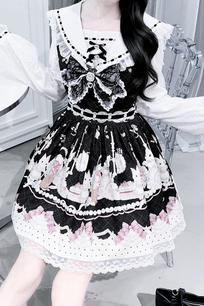【8月30日予約締切】Black and Pink rabbit print lace sailor collar Op dress +pleated dress skirt set＋ 3 Styles of Bow Tie Available