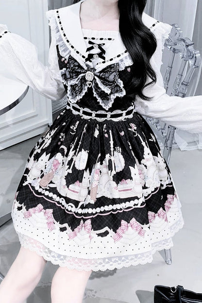 【8月30日予約締切】Black and Pink rabbit print lace sailor collar Op dress +pleated dress skirt set＋ 3 Styles of Bow Tie Available