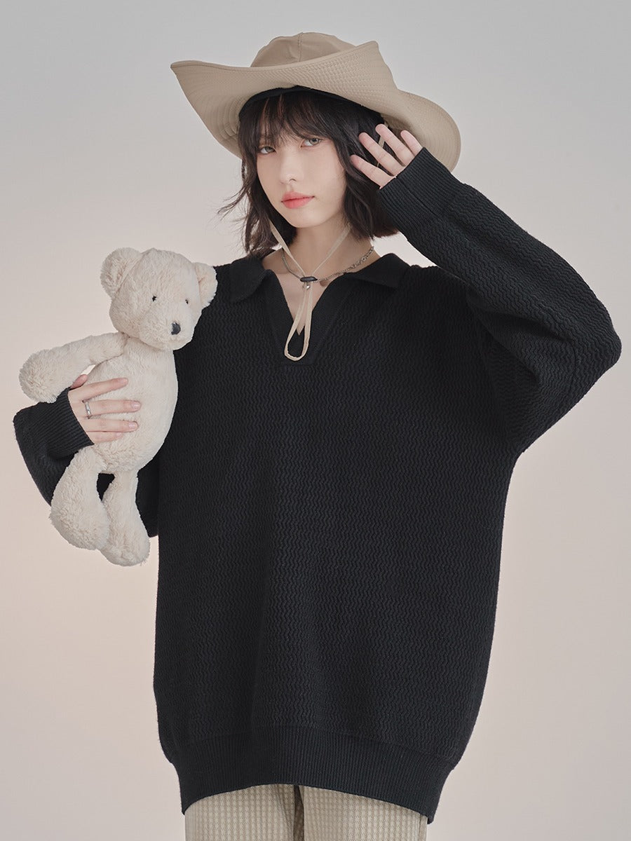 Polo Collar V-Neck Wave Knit Loose Sweater