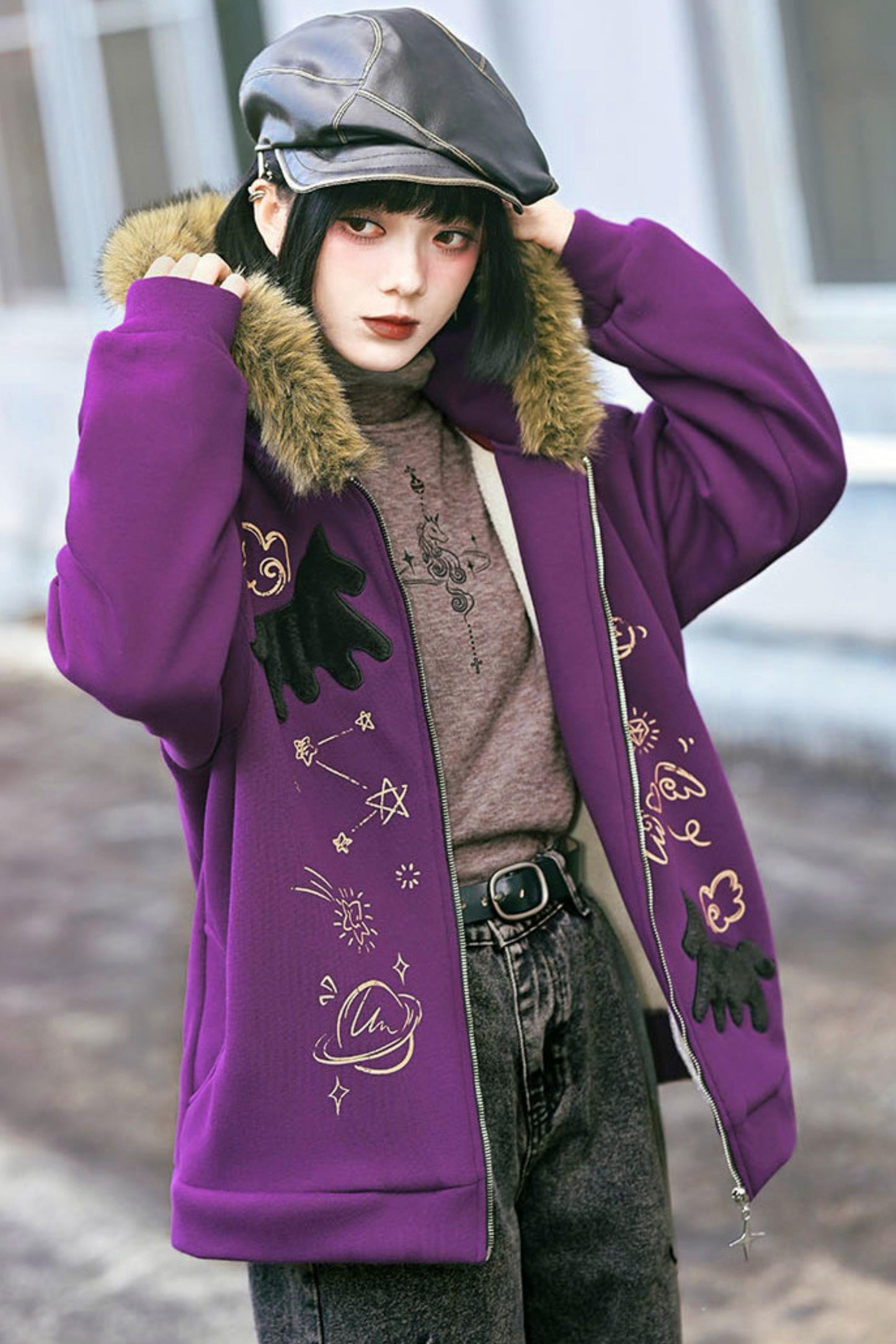 グラフィティファーカラーフーデッドフリースジャケット