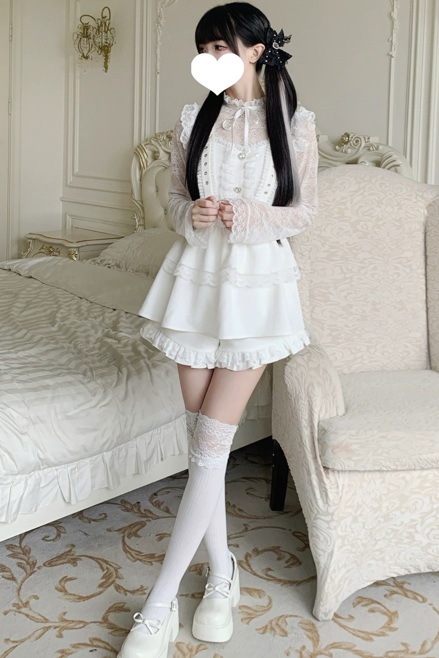 Pure suspender skirt+lace tops+frill pants