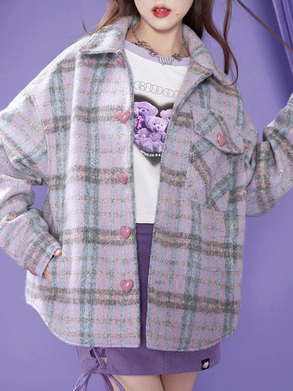 Purple Check Shirt Style Loose Coat