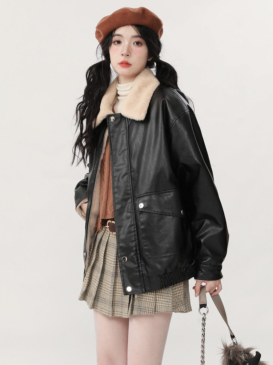 New Retro Loose Fleece Faux Leather Lamb Wool Jacket