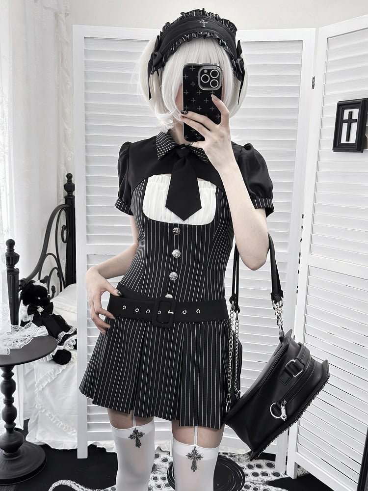 【4月29日予約締切】ブラックピンストライプタイカラーショートジャケットドレスフルセット＋ジュエルキャスケット