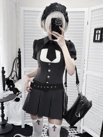 【4月29日予約締切】ブラックピンストライプタイカラーショートジャケットドレスフルセット＋ジュエルキャスケット