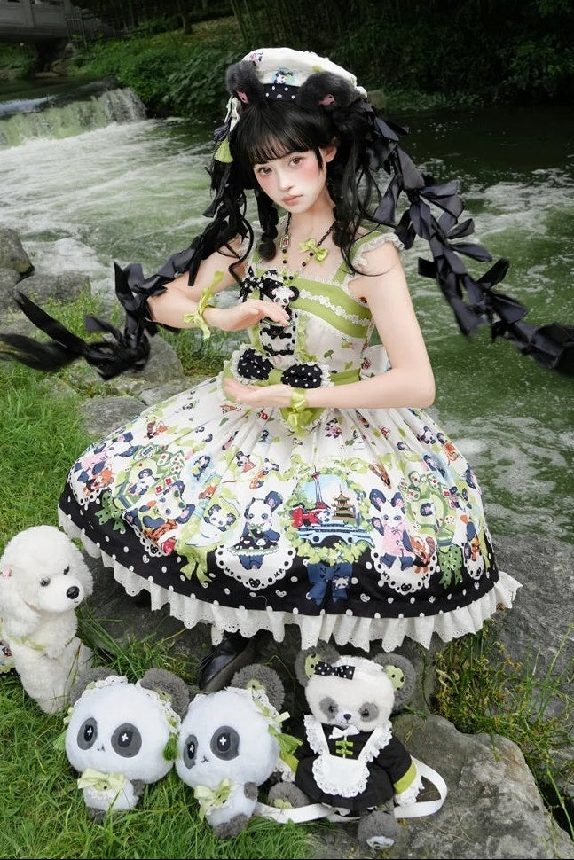 [Pre-order Deadline: October 25] Pink/Green Chinoiserie Lolita Sweet Panda Ear Bow High-Waist Tiered JSK Dress + Bow-Waist Panda Print Dress