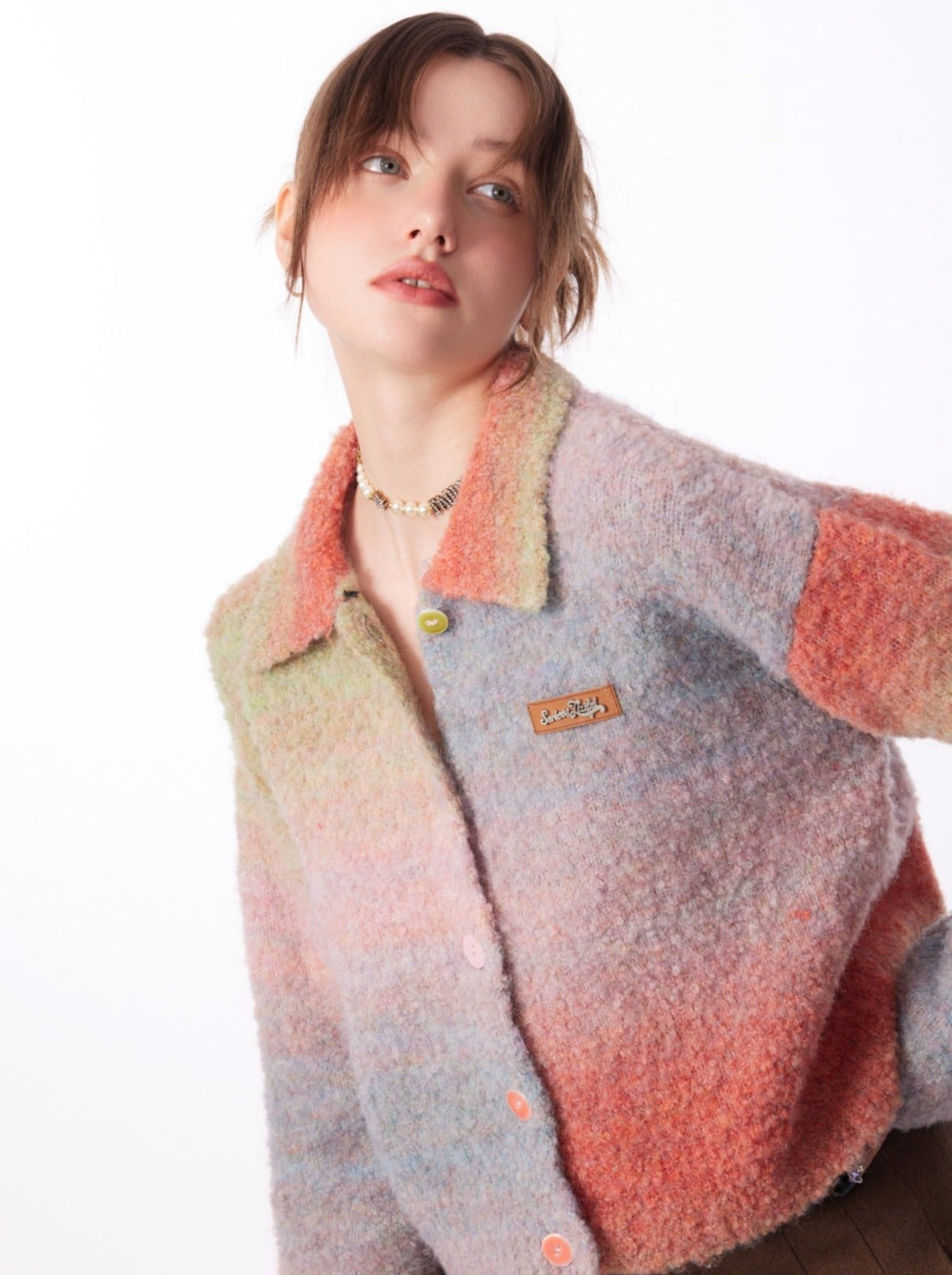 Gradient Polo Collar Soft Wax Wool Retro Cardigan