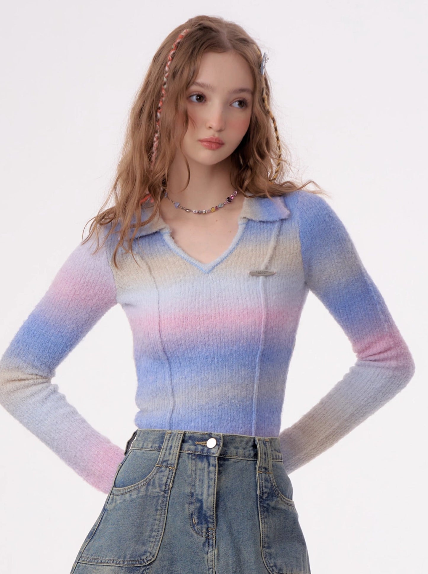 Polo V-Neck Retro Striped Gradient Knit