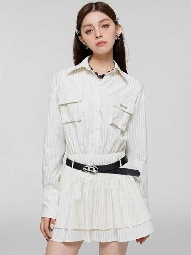 Romantic White Waist Slim Striped Shirt Dress