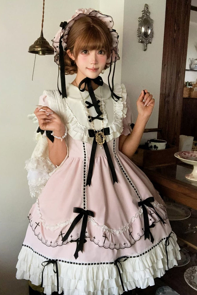 【10月4日予約締切】Pink Gothic-Inspired Sweet Lolita Ribbon Ruffle Dress＋Cross Embroidery Ribbon Cape