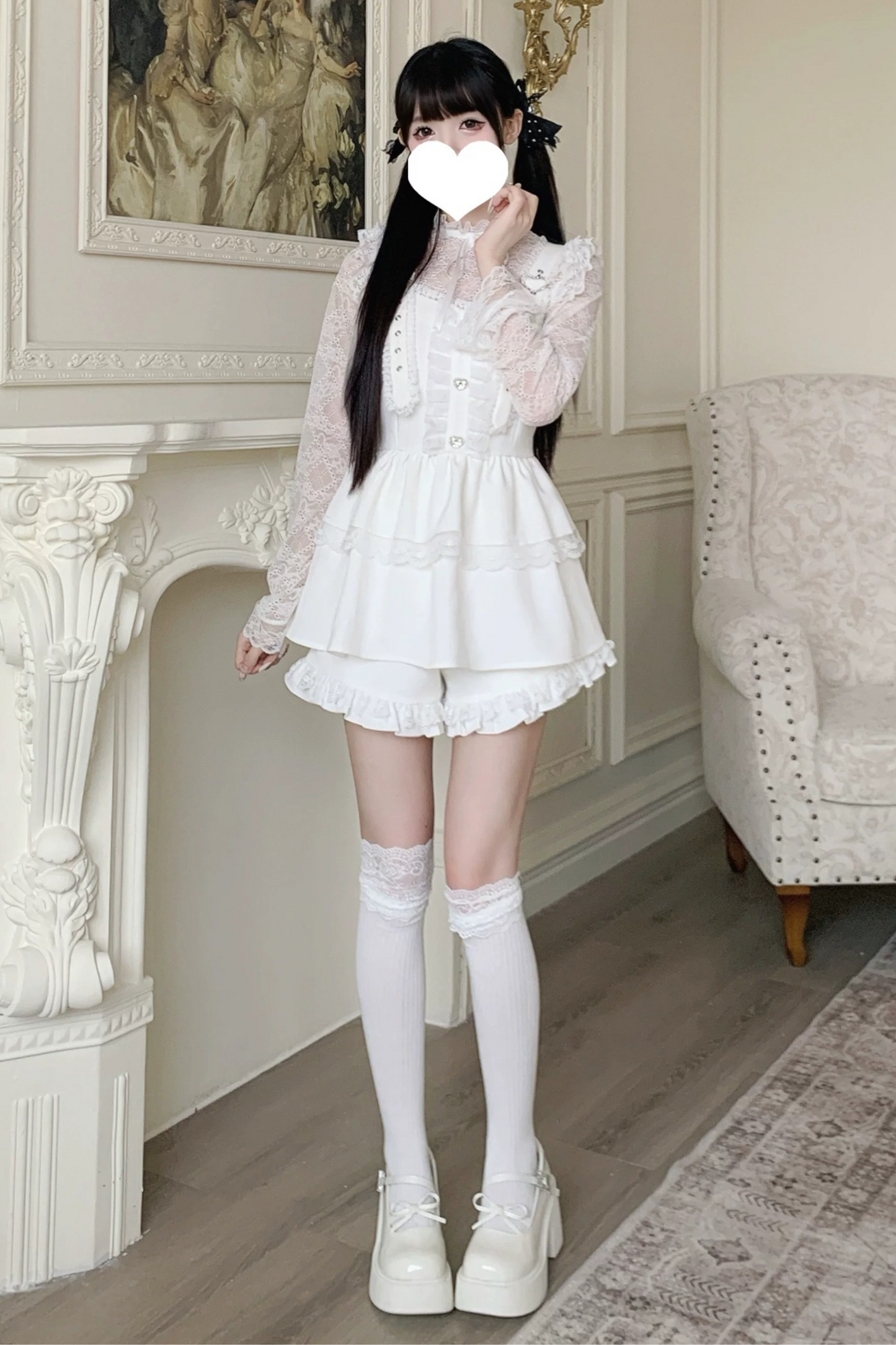 Pure suspender skirt+lace tops+frill pants