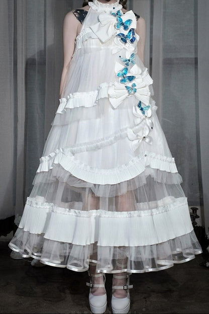 [Pre-order Deadline: October 14] Black/White Gothic Lolita Blue Butterfly Bow Tulle Ruffle Layered Halter Dress