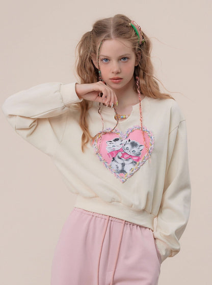 Short Loose American Retro Love Cat Sweatshirt