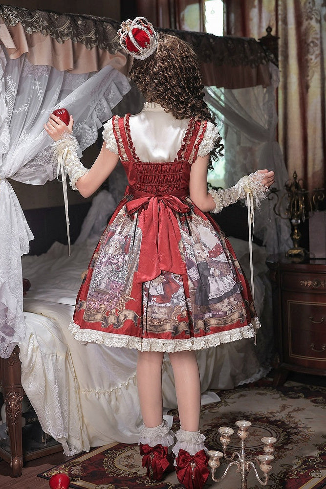 [Date limite de précommande : 7 août] Ensemble complet robe JKS vintage rouge à imprimé lapin histoire avec ruban antique + chemise à volants + manchettes lacées