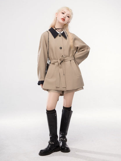 Poseidon Khaki Contrast Color Trench Jacket + Shorts