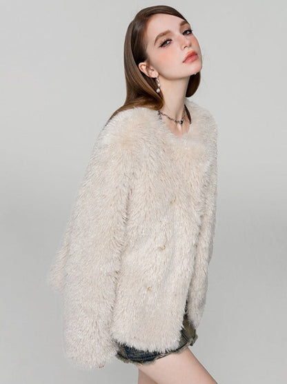 High-end collarless fur jacket