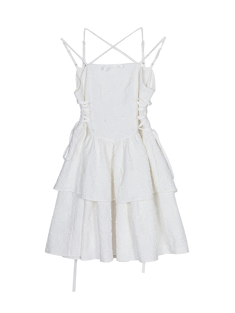 Rose Texture White Cross Suspender Tea Dress