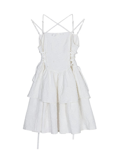 Rose Texture White Cross Suspender Tea Dress