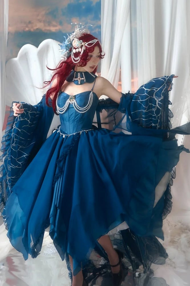 [Reservierungsschluss 1. Juni] Dunkelblau/Pink/Dunkelpetrol Atlantis Dark-Fantasy-Lolita Sternen-Korsett asymmetrisches Bustier-JKS-Kleid