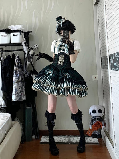 [Pre-order Deadline: May 20] Magical Girl Lolita Elegant Lace Puff Sleeve Shirt + Black x Green Ribbon Corset Tiered Dress + Mini Hat