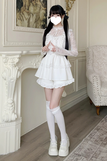 Pure suspender skirt+lace tops+frill pants