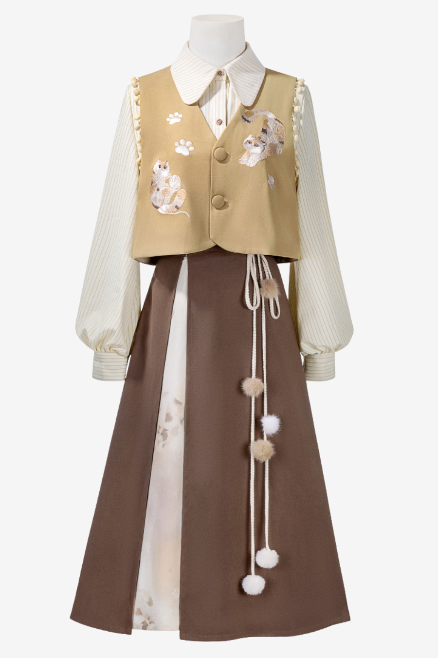 レトロキャットベスト+トップス+スカート