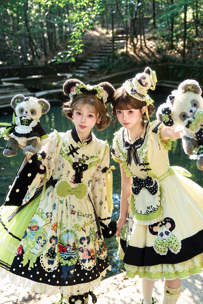 [Pre-order Deadline: October 25] Pink/Green Chinoiserie Lolita Sweet Panda Print Bow Bell Sleeve OP Dress