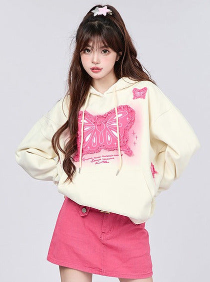 Butterfly Patch Design Hooded Sweatshirt Loose Top