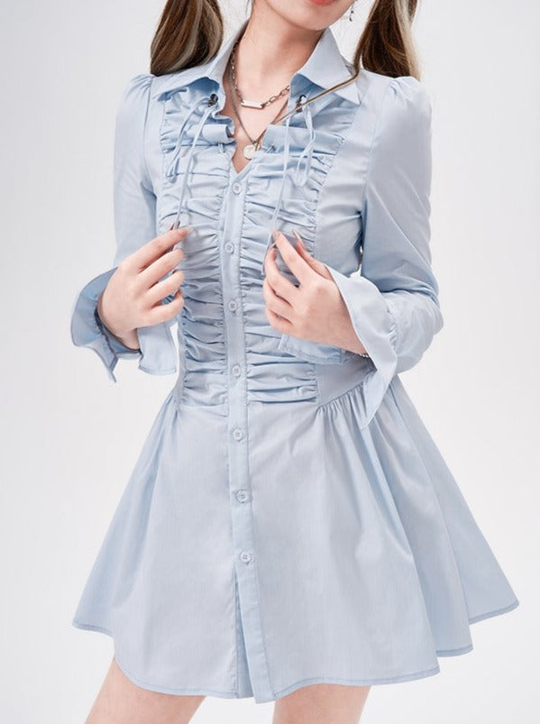 Voluminous Frilled Pleated Shirt Dress