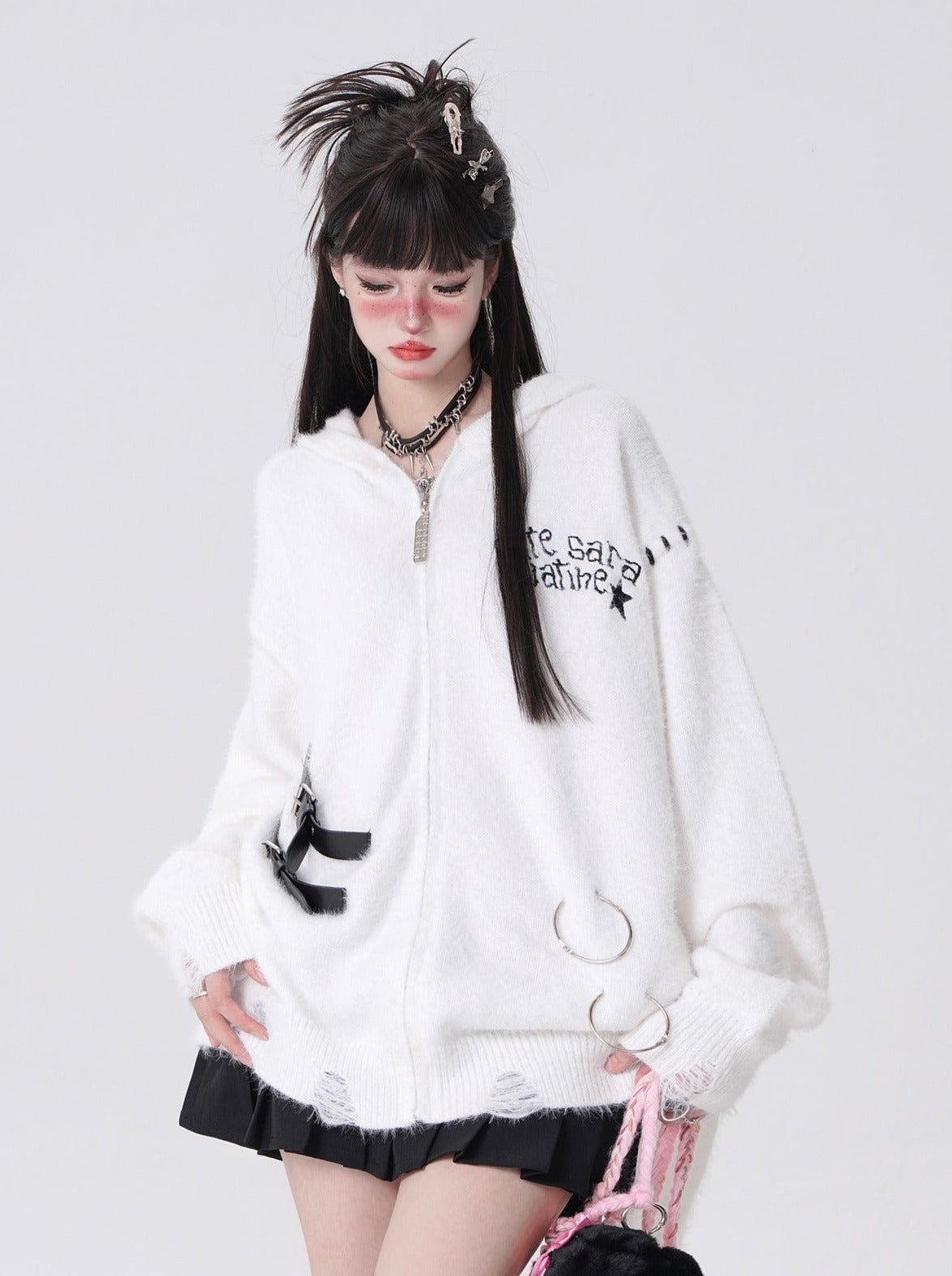 Long Bunny Dark Belt Zip-Up Hoodie