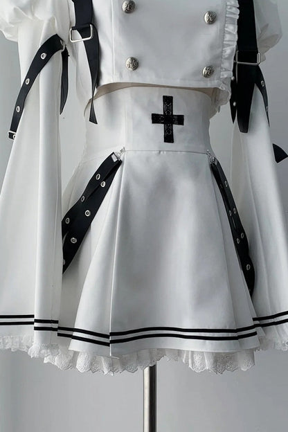 [Pre-order Deadline: November 15] White and Black Gothic Choker-Neck Bell-Sleeve Frilled Crop Top with Buckle Strap + Medical Cross Strap Skirt